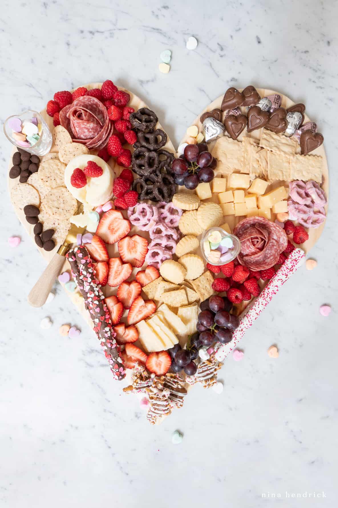 Festive, heart-shaped Valentine's Day Charcuterie Board