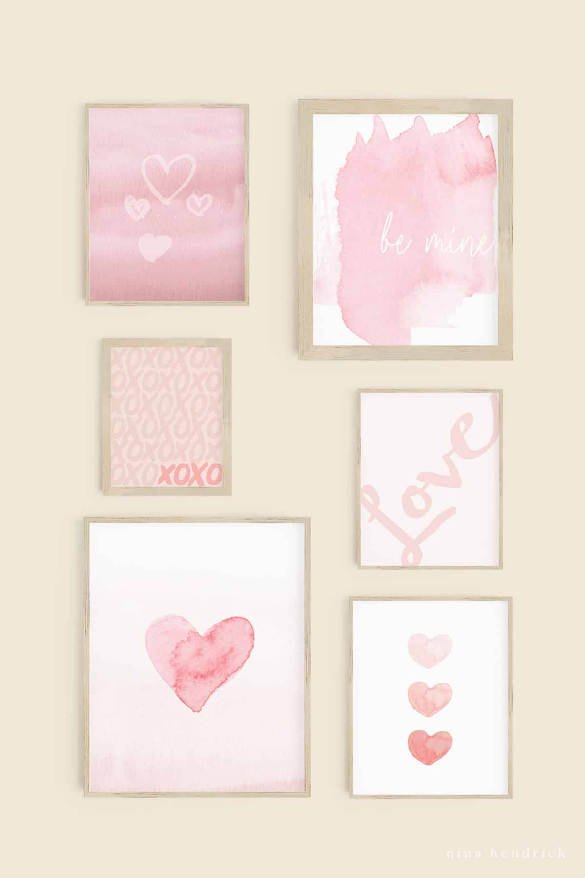 Free Printable Valentine's Day Gallery wall with hearts and other watercolor accents