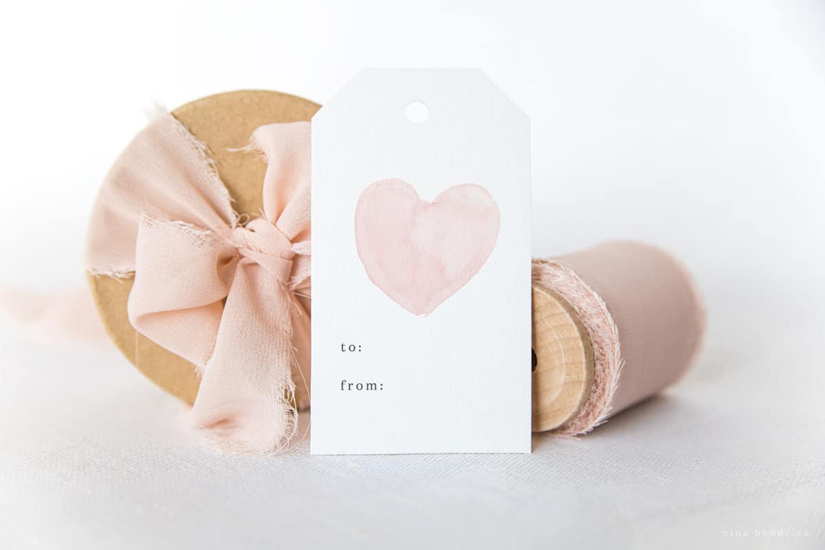 Printable Valentine's Day hang tag with soft watercolor heart