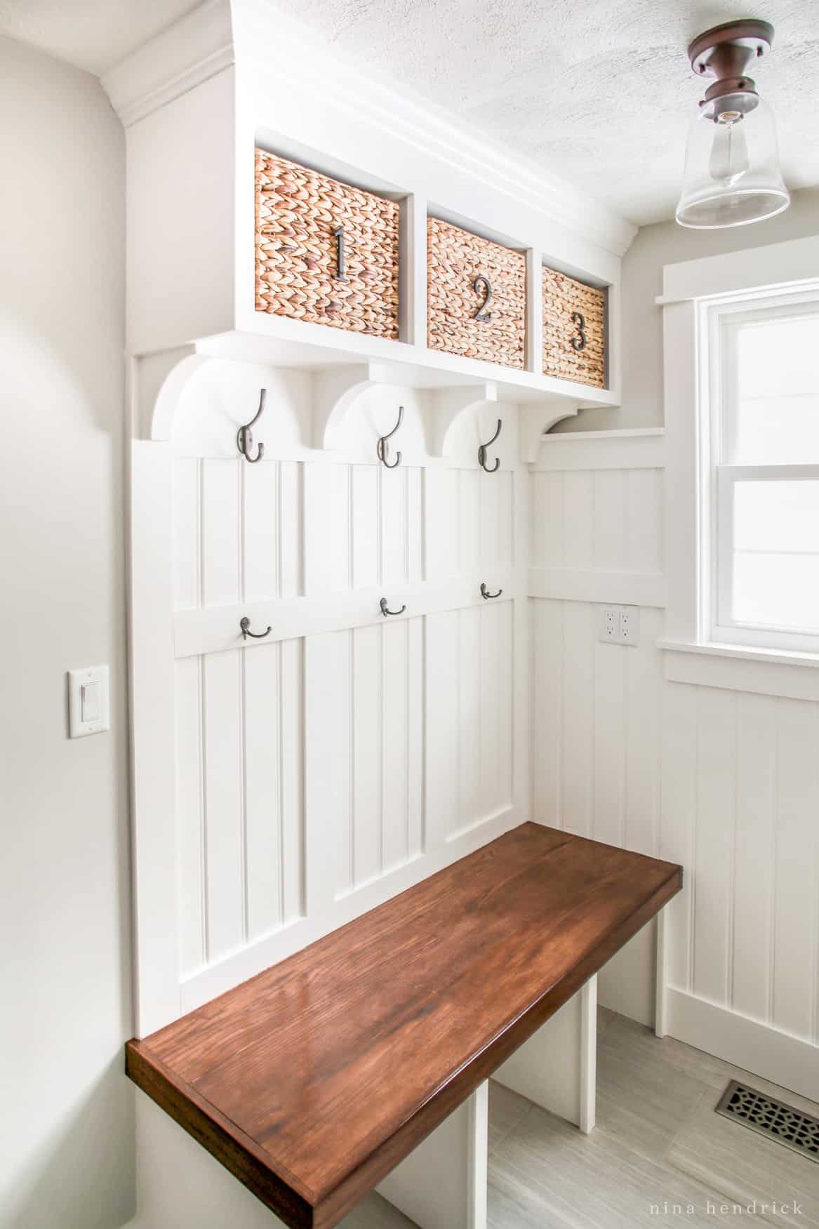 Mudroom bench with board and batten with beadboard