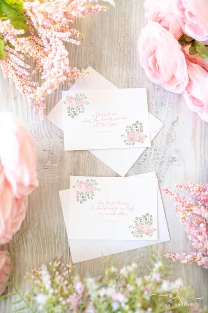 Watercolor Floral Printable Notecards with Audrey Hepburn and Henry Van Dyke Quotes