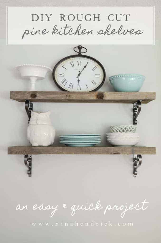 These rustic rough cut weathered pine kitchen shelves are a quick and simple DIY project that makes a huge impact.