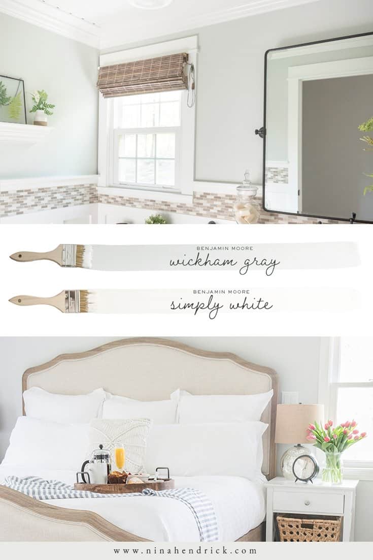 A neutral color scheme of Benjamin Moore Wickham Gray and Simply White for a bedroom and bathroom