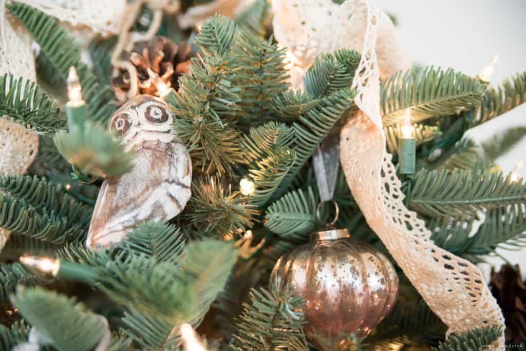 Woodland Owl ornament with mercury glass and lace