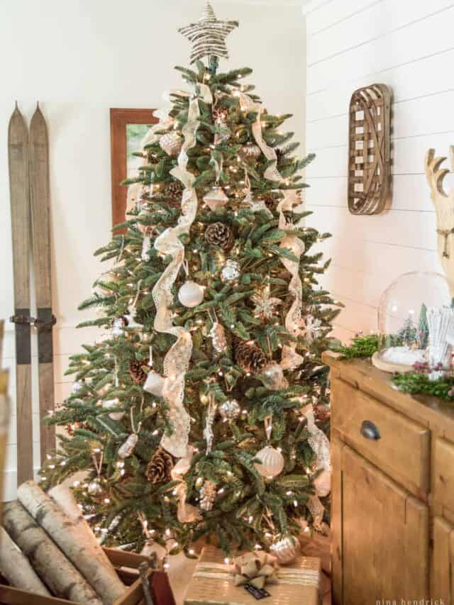 A christmas tree in a rustic living room.