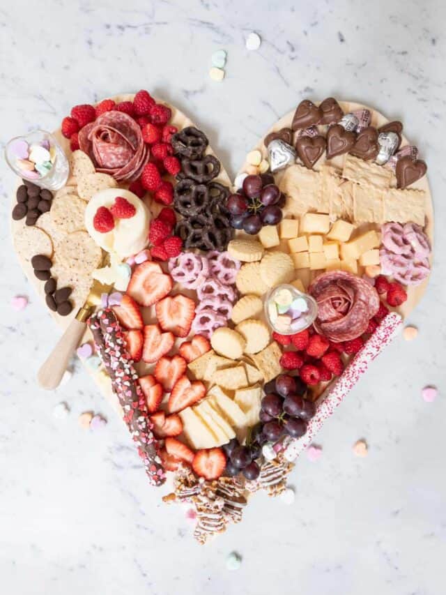 Festive, heart-shaped Valentine's Day Charcuterie Board