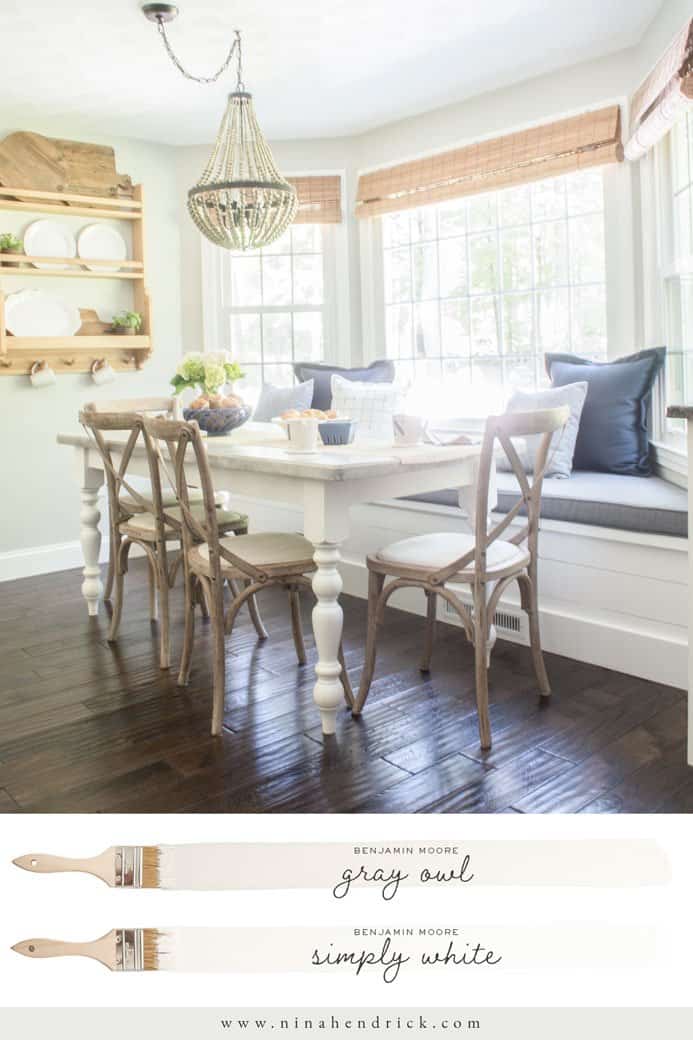 Benjamin Moore Gray Owl painted Breakfast Nook with Simply White Trim