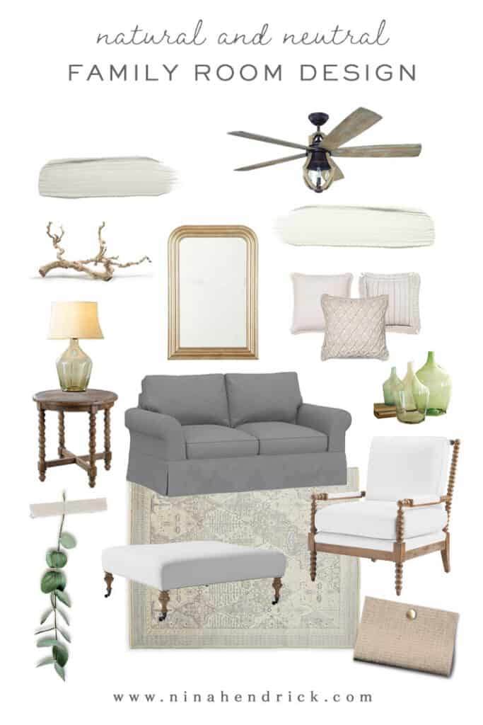 Mood board graphic for a natural and neutral family room design makeover. 